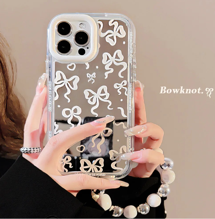 Mirror Pearl Bow Clear Phone Case for iPhone 15 14 13 12 11 Pro Max XS MAX XR X